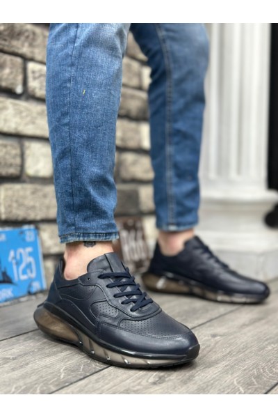 BA0324 İçi Dışı Hakiki Deri Rahat Taban Lacivert Sneakers Casual Erkek Ayakkabı